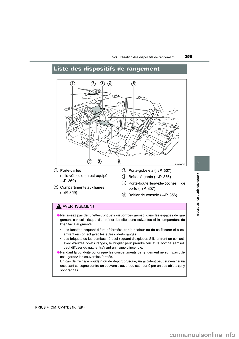 TOYOTA PRIUS PLUS 2019 Manuel du propriétaire (in French) 3555-3. Utilisation des dispositifs de rangement
PRIUS +_OM_OM47D31K_(EK)
5
Caractéristiques de l’habitacle
Liste des dispositifs de rangement
Porte-cartes
(si le véhicule en est équipé :
TOYOTA PRIUS PLUS 2019 Manuel du propriétaire (in French) 3555-3. Utilisation des dispositifs de rangement
PRIUS +_OM_OM47D31K_(EK)
5
Caractéristiques de l’habitacle
Liste des dispositifs de rangement
Porte-cartes
(si le véhicule en est équipé :
