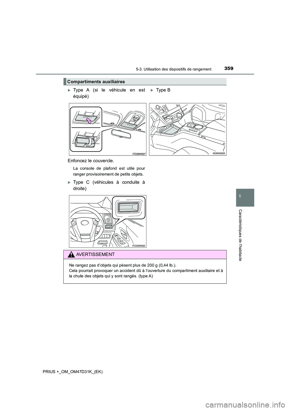 TOYOTA PRIUS PLUS 2019  Manuel du propriétaire (in French) 3595-3. Utilisation des dispositifs de rangement
PRIUS +_OM_OM47D31K_(EK)
5
Caractéristiques de l’habitacle
Compartiments auxiliaires
Type A (si le véhicule en est 
équipé)
Type B  
Enfonc