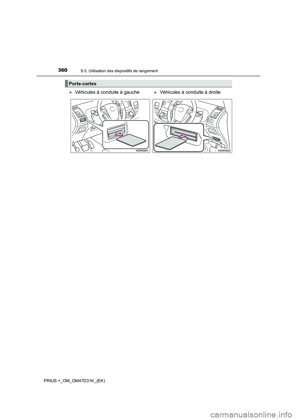 TOYOTA PRIUS PLUS 2019  Manuel du propriétaire (in French) 3605-3. Utilisation des dispositifs de rangement
PRIUS +_OM_OM47D31K_(EK)
Porte-cartes
Véhicules à conduite à gaucheVéhicules à conduite à droite 