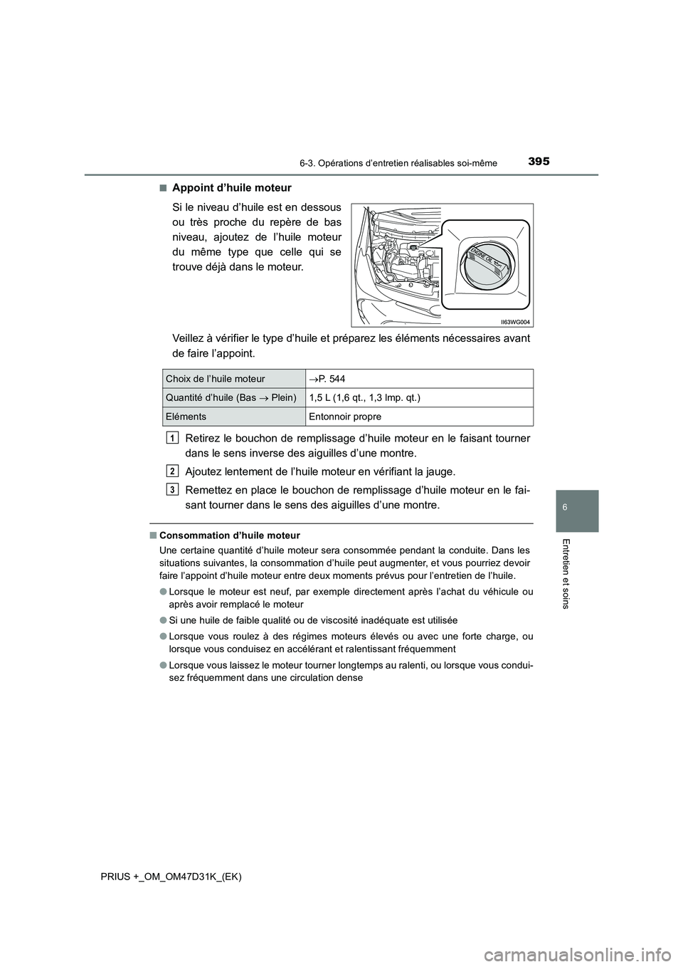 TOYOTA PRIUS PLUS 2019  Manuel du propriétaire (in French) 3956-3. Opérations d’entretien réalisables soi-même
PRIUS +_OM_OM47D31K_(EK)
6
Entretien et soins
■Appoint d’huile moteur
Si le niveau d’huile est en dessous
ou très proche du repère de b