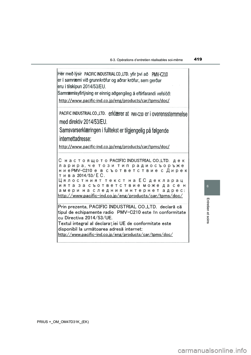 TOYOTA PRIUS PLUS 2019  Manuel du propriétaire (in French) 4196-3. Opérations d’entretien réalisables soi-même
PRIUS +_OM_OM47D31K_(EK)
6
Entretien et soins 