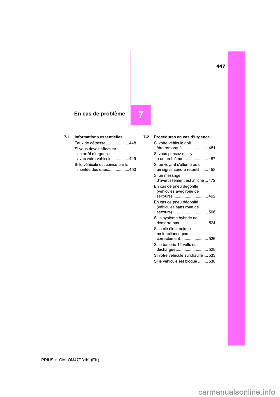 TOYOTA PRIUS PLUS 2019  Manuel du propriétaire (in French) 447
7En cas de problème
PRIUS +_OM_OM47D31K_(EK) 
7-1. Informations essentielles 
Feux de détresse .....................448 
Si vous devez effectuer  
un arrêt d’urgence  
avec votre véhicule ..