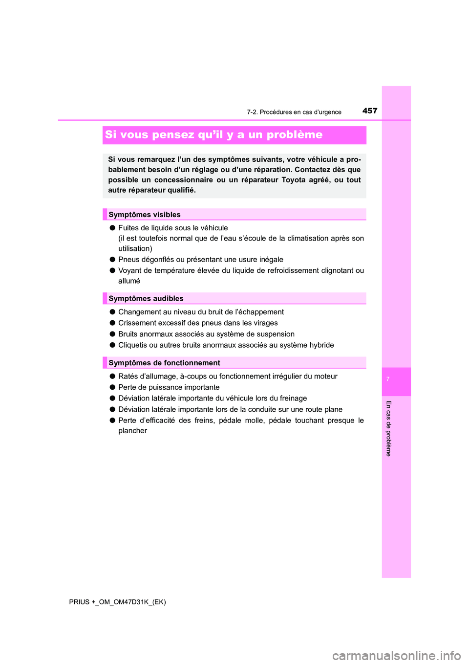 TOYOTA PRIUS PLUS 2019  Manuel du propriétaire (in French) 4577-2. Procédures en cas d’urgence
PRIUS +_OM_OM47D31K_(EK)
7
En cas de problème
Si vous pensez qu’il y a un problème
●Fuites de liquide sous le véhicule  
(il est toutefois normal que de l
