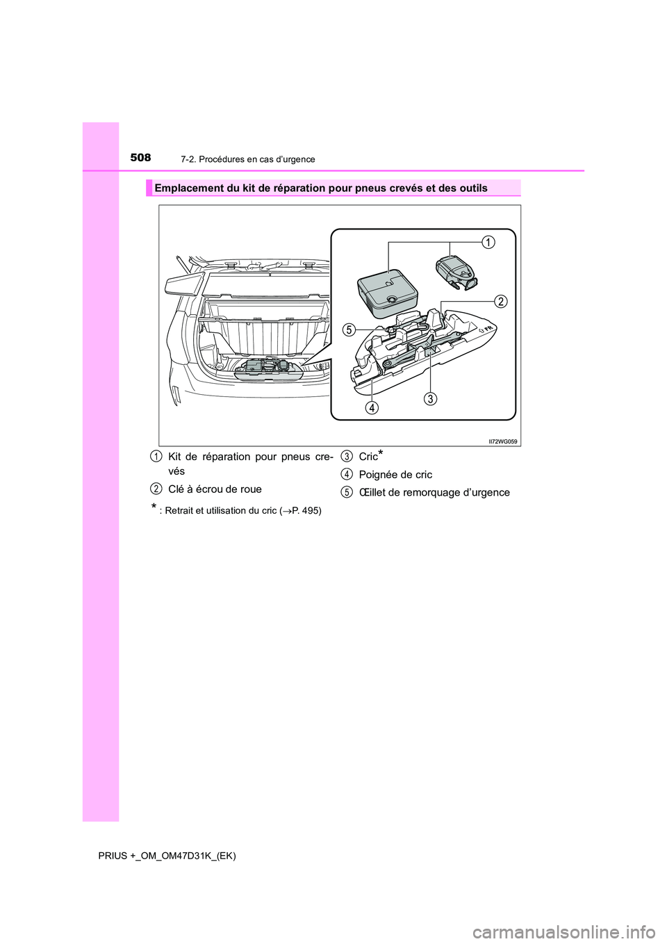 TOYOTA PRIUS PLUS 2019 Manuel du propriétaire (in French) 5087-2. Procédures en cas d’urgence
PRIUS +_OM_OM47D31K_(EK)
* : Retrait et utilisation du cric (P. 495)
Emplacement du kit de réparation pour pneus crevés et des outils
Kit de réparation pou TOYOTA PRIUS PLUS 2019 Manuel du propriétaire (in French) 5087-2. Procédures en cas d’urgence
PRIUS +_OM_OM47D31K_(EK)
* : Retrait et utilisation du cric (P. 495)
Emplacement du kit de réparation pour pneus crevés et des outils
Kit de réparation pou