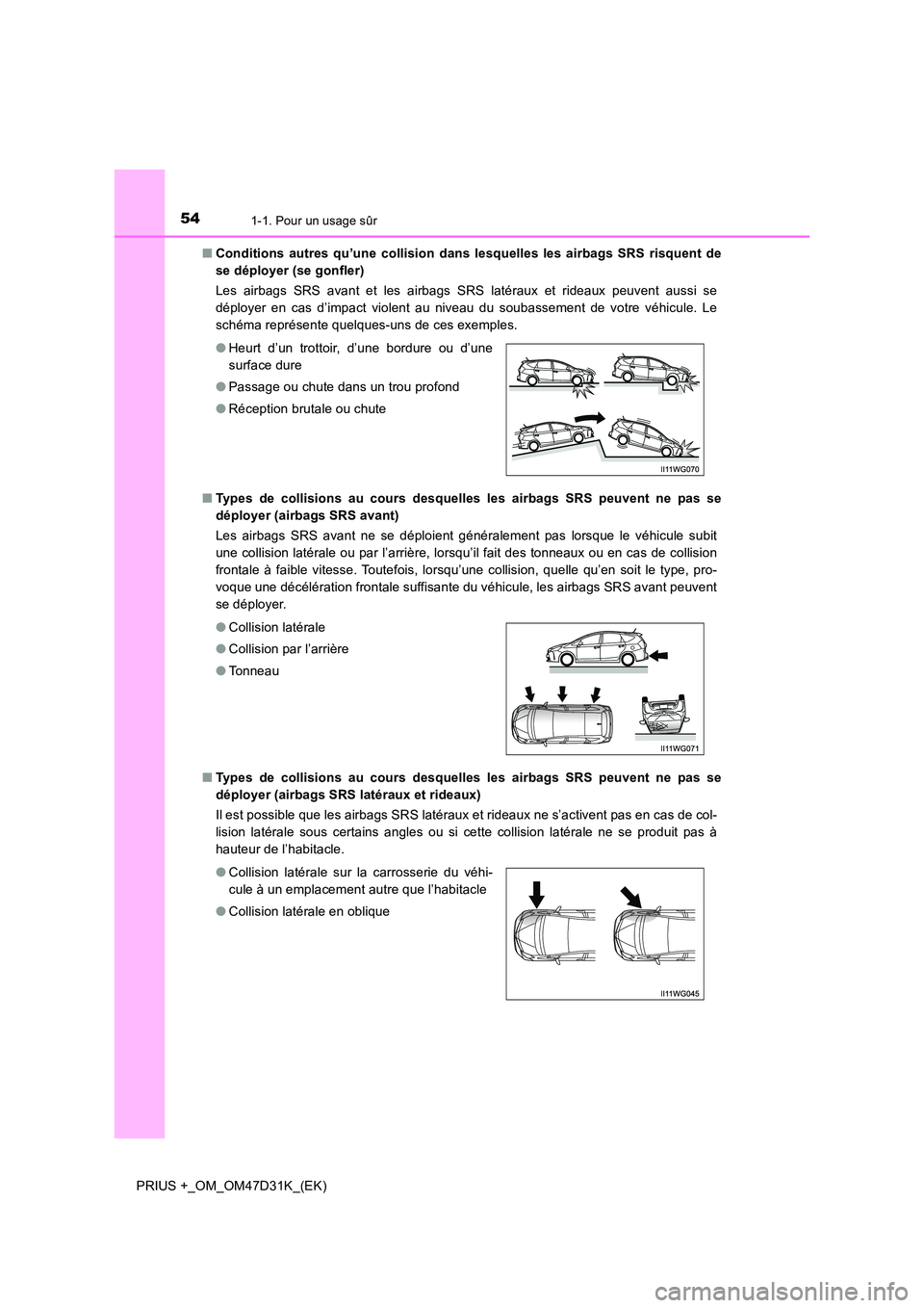 TOYOTA PRIUS PLUS 2019 Manuel du propriétaire (in French) 541-1. Pour un usage sûr
PRIUS +_OM_OM47D31K_(EK)
■ Conditions autres qu’une collision dans lesquelles les airbags SRS risquent de
se déployer (se gonfler)
Les airbags SRS avant et les airbag TOYOTA PRIUS PLUS 2019 Manuel du propriétaire (in French) 541-1. Pour un usage sûr
PRIUS +_OM_OM47D31K_(EK)
■ Conditions autres qu’une collision dans lesquelles les airbags SRS risquent de
se déployer (se gonfler)
Les airbags SRS avant et les airbag