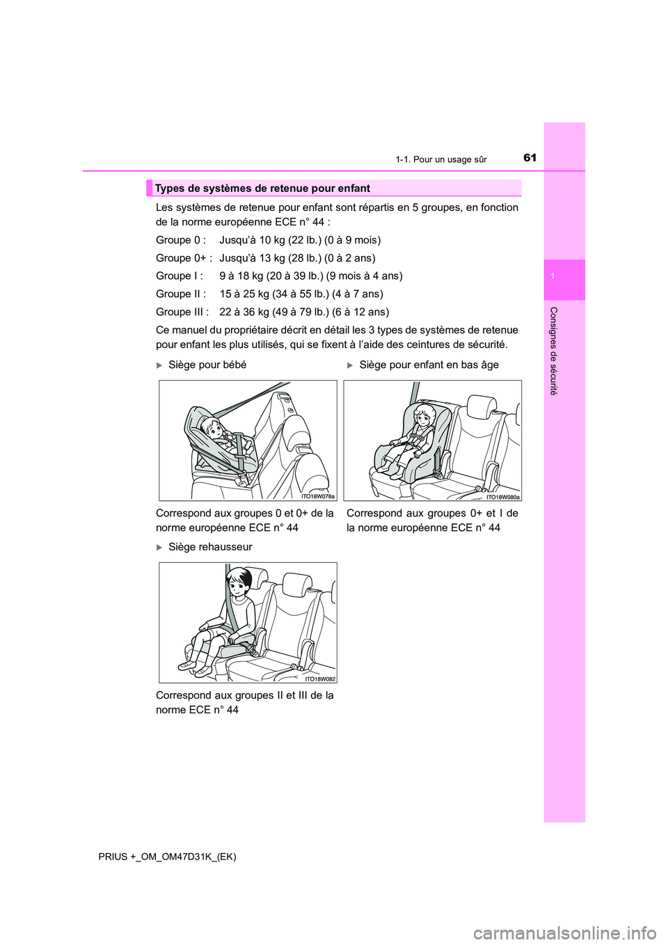 TOYOTA PRIUS PLUS 2019 Manuel du propriétaire (in French) 611-1. Pour un usage sûr
1
PRIUS +_OM_OM47D31K_(EK)
Consignes de sécurité
Les systèmes de retenue pour enfant sont répartis en 5 groupes, en fonction
de la norme européenne ECE n° 44 :
Groupe TOYOTA PRIUS PLUS 2019 Manuel du propriétaire (in French) 611-1. Pour un usage sûr
1
PRIUS +_OM_OM47D31K_(EK)
Consignes de sécurité
Les systèmes de retenue pour enfant sont répartis en 5 groupes, en fonction
de la norme européenne ECE n° 44 :
Groupe