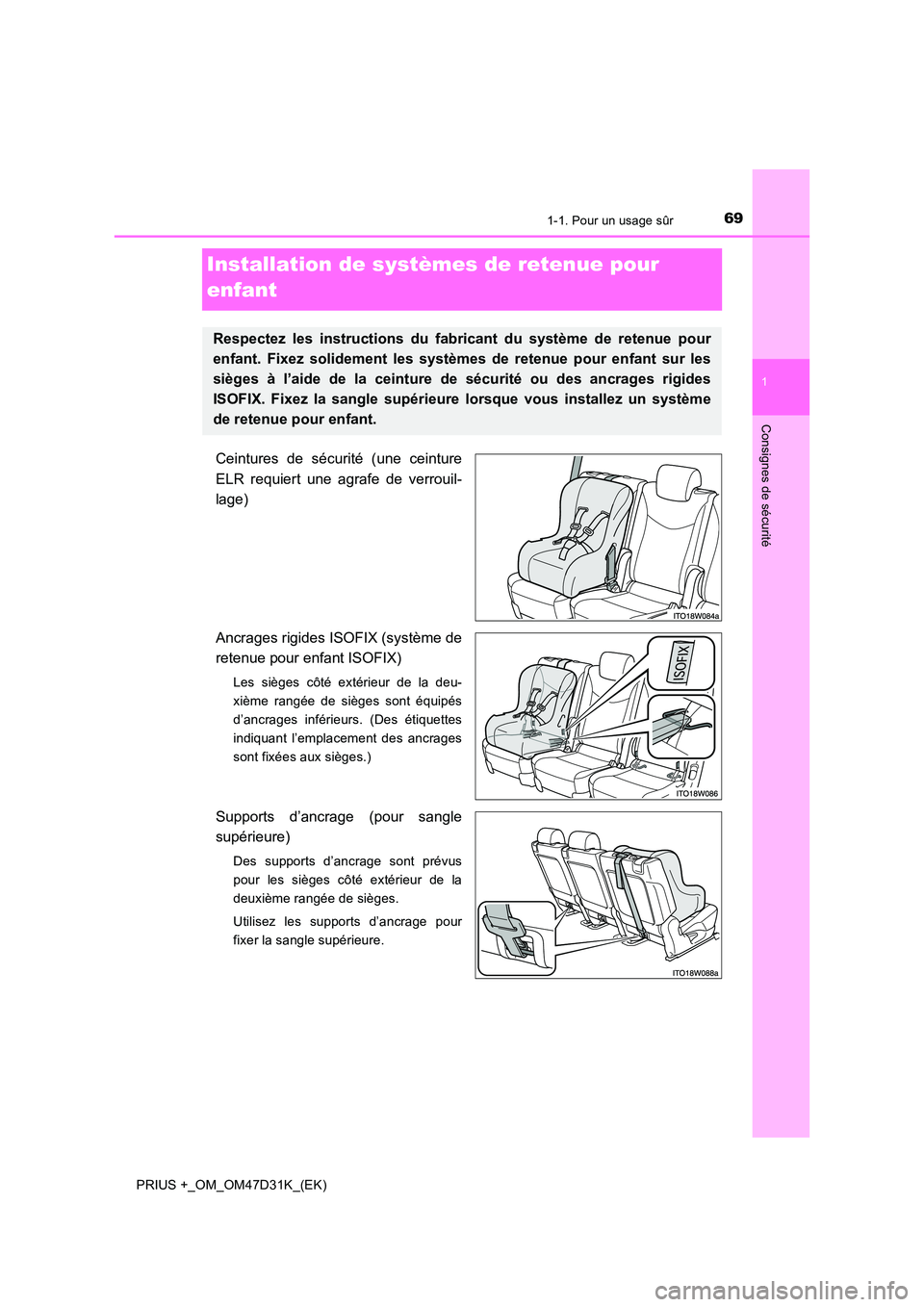 TOYOTA PRIUS PLUS 2019 Manuel du propriétaire (in French) 691-1. Pour un usage sûr
1
PRIUS +_OM_OM47D31K_(EK)
Consignes de sécurité
Installation de systèmes de retenue pour
enfant
Ceintures de sécurité (une ceinture
ELR requiert une agrafe de verrou TOYOTA PRIUS PLUS 2019 Manuel du propriétaire (in French) 691-1. Pour un usage sûr
1
PRIUS +_OM_OM47D31K_(EK)
Consignes de sécurité
Installation de systèmes de retenue pour
enfant
Ceintures de sécurité (une ceinture
ELR requiert une agrafe de verrou