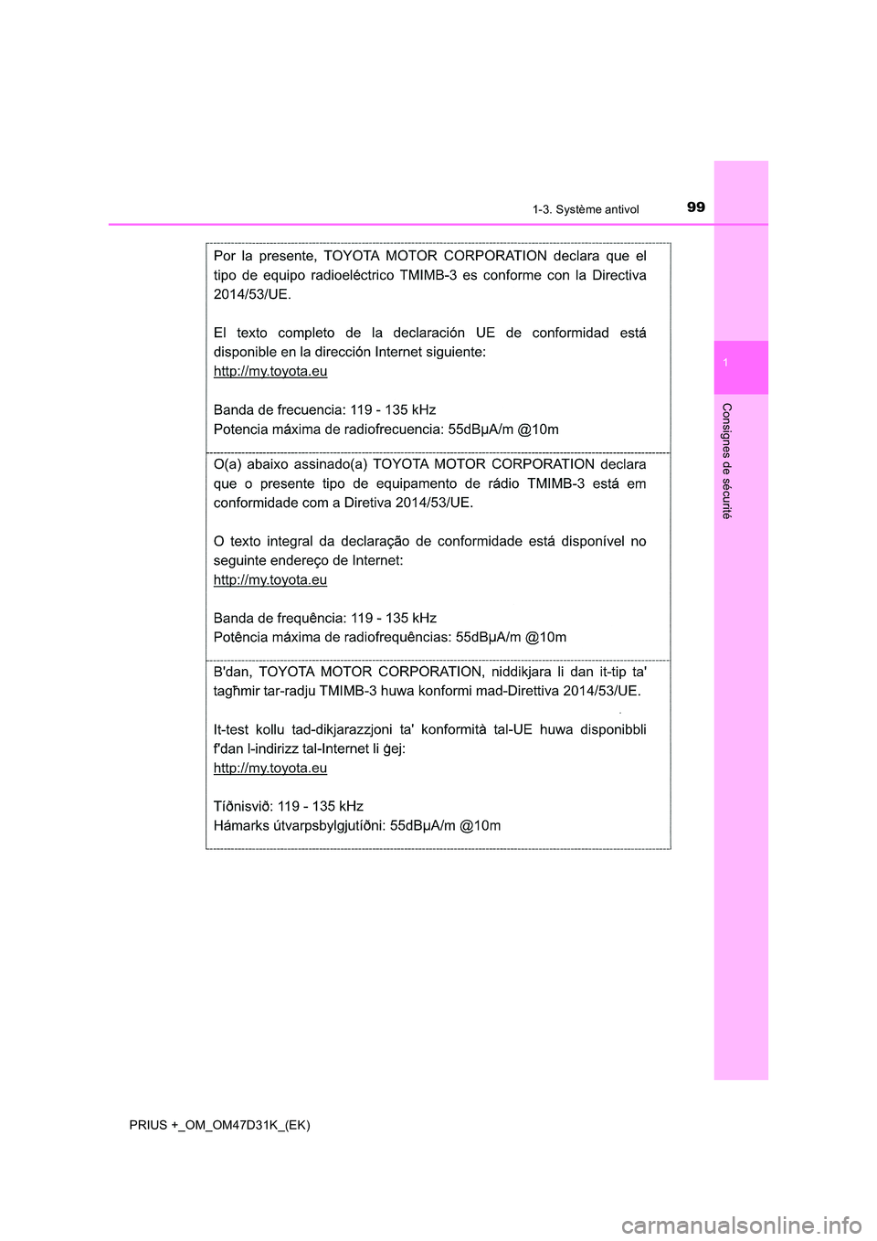 TOYOTA PRIUS PLUS 2019  Manuel du propriétaire (in French) 991-3. Système antivol
1
PRIUS +_OM_OM47D31K_(EK)
Consignes de sécurité 