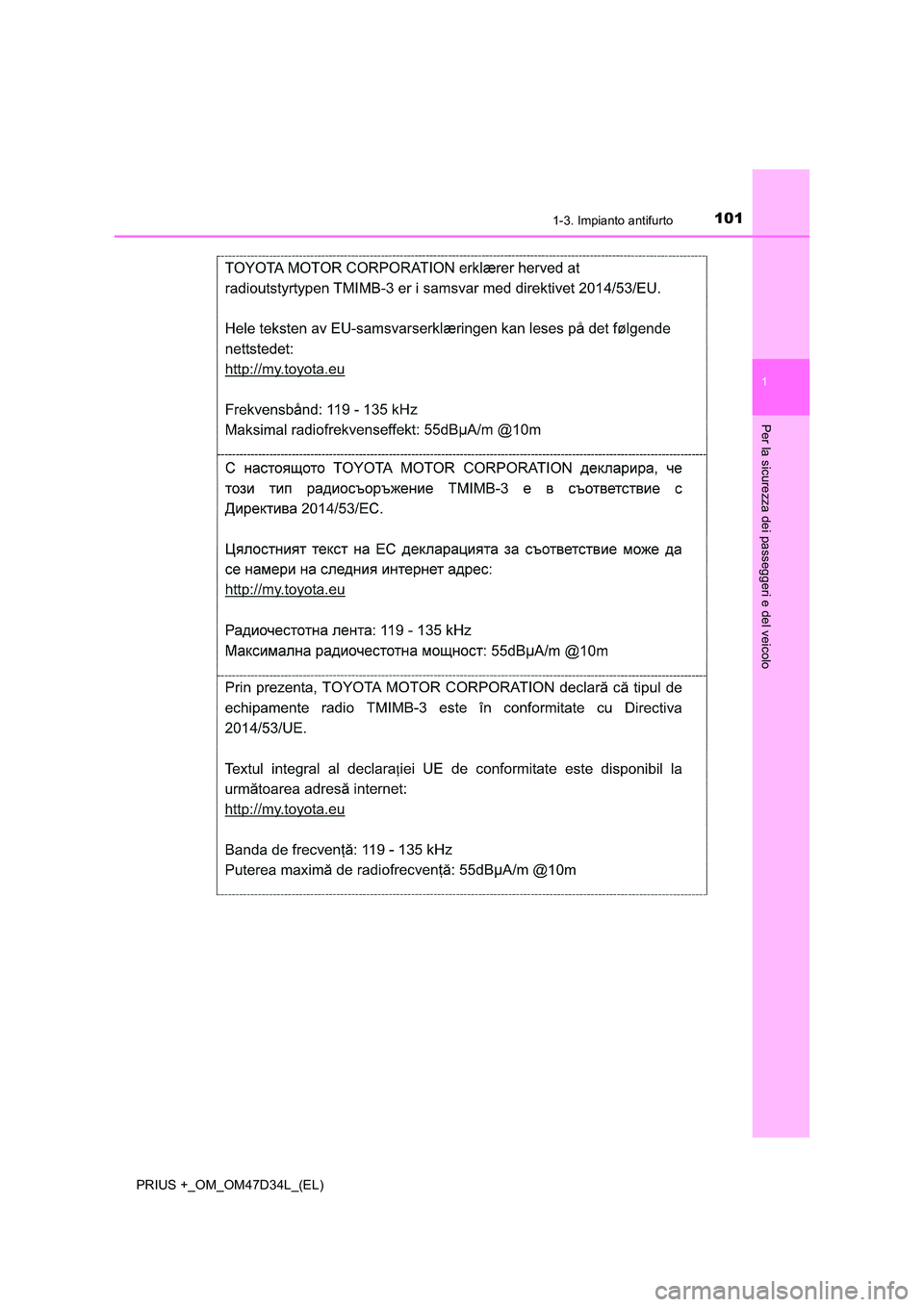 TOYOTA PRIUS PLUS 2019 Manuale duso (in Italian) 1011-3. Impianto antifurto
1
PRIUS +_OM_OM47D34L_(EL)
Per la sicurezza dei passeggeri e del veicolo TOYOTA PRIUS PLUS 2019 Manuale duso (in Italian) 1011-3. Impianto antifurto
1
PRIUS +_OM_OM47D34L_(EL)
Per la sicurezza dei passeggeri e del veicolo