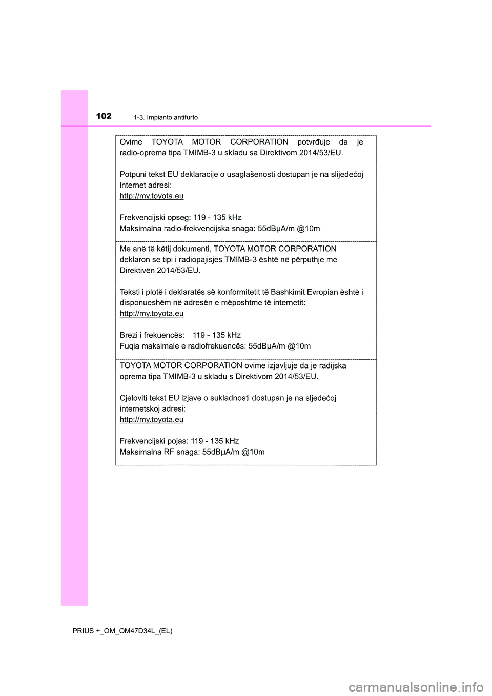 TOYOTA PRIUS PLUS 2019 Manuale duso (in Italian) 1021-3. Impianto antifurto
PRIUS +_OM_OM47D34L_(EL) TOYOTA PRIUS PLUS 2019 Manuale duso (in Italian) 1021-3. Impianto antifurto
PRIUS +_OM_OM47D34L_(EL)