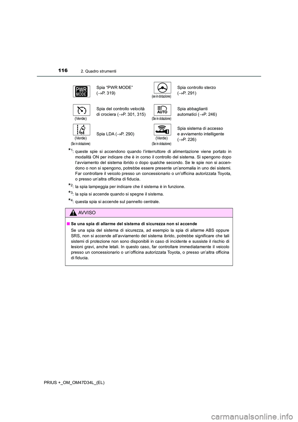 TOYOTA PRIUS PLUS 2019 Manuale duso (in Italian) 1162. Quadro strumenti
PRIUS +_OM_OM47D34L_(EL)
*1: queste spie si accendono quando l’interruttore di alimentazione viene portato in
modalità ON per indicare che è in corso il controllo del siste TOYOTA PRIUS PLUS 2019 Manuale duso (in Italian) 1162. Quadro strumenti
PRIUS +_OM_OM47D34L_(EL)
*1: queste spie si accendono quando l’interruttore di alimentazione viene portato in
modalità ON per indicare che è in corso il controllo del siste