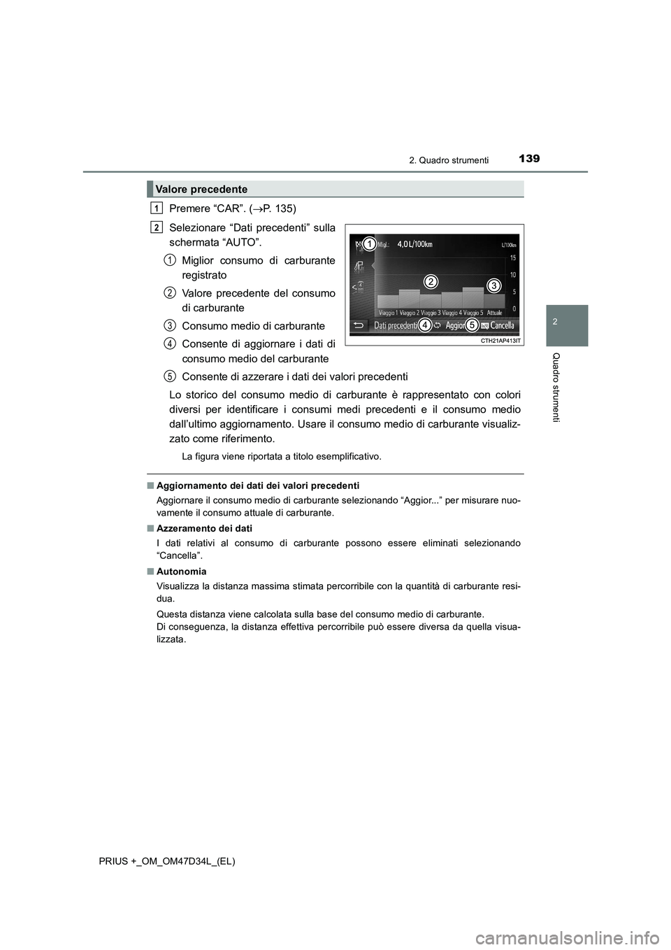 TOYOTA PRIUS PLUS 2019  Manuale duso (in Italian) 1392. Quadro strumenti
2
Quadro strumenti
PRIUS +_OM_OM47D34L_(EL)
Premere “CAR”. (P. 135)
Selezionare “Dati precedenti” sulla
schermata “AUTO”.
Miglior consumo di carburante
registrato
