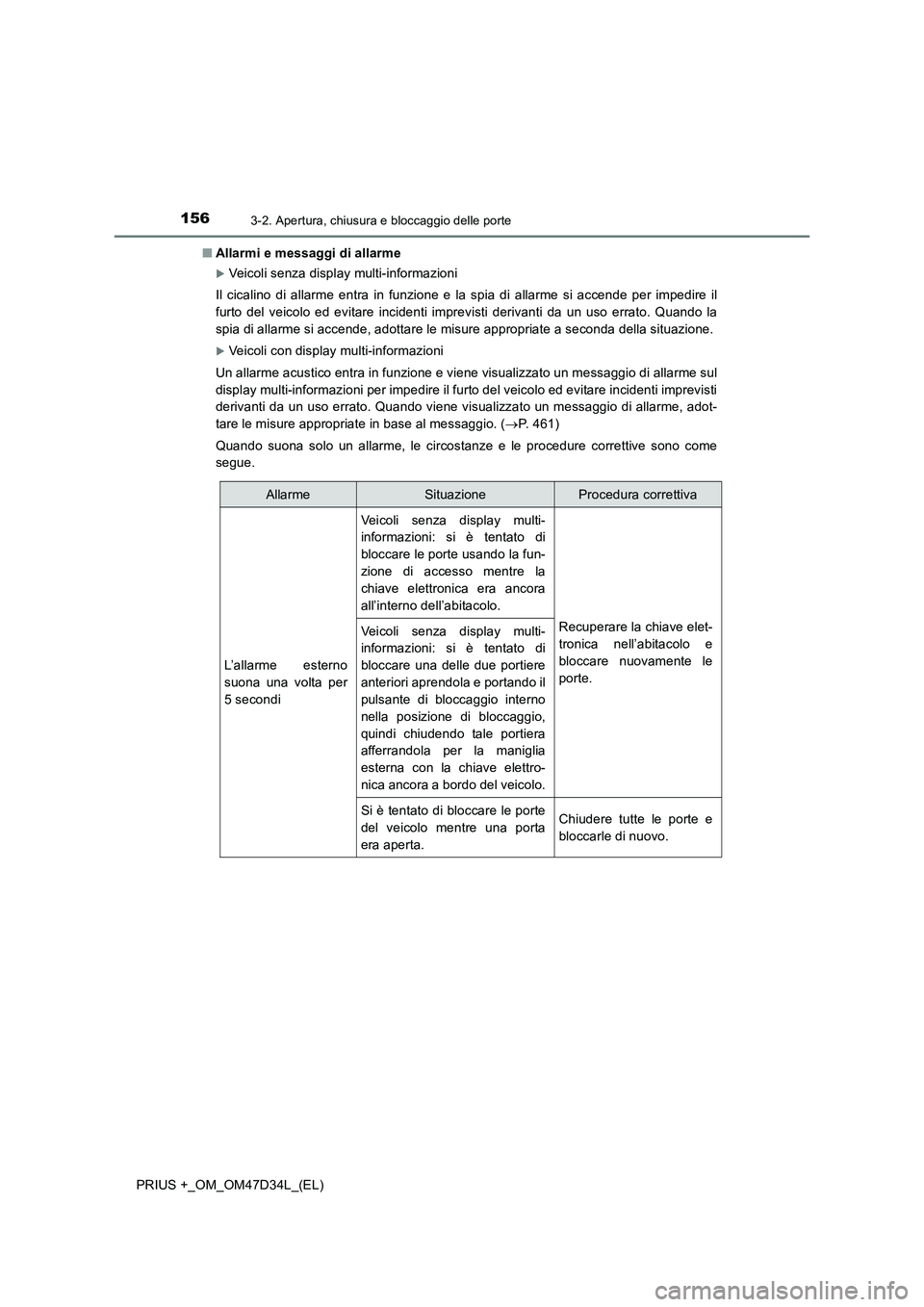 TOYOTA PRIUS PLUS 2019 Manuale duso (in Italian) 1563-2. Apertura, chiusura e bloccaggio delle porte
PRIUS +_OM_OM47D34L_(EL)■Allarmi e messaggi di allarme
Veicoli senza display multi-informazioni
Il cicalino di allarme entra in funzione e la s TOYOTA PRIUS PLUS 2019 Manuale duso (in Italian) 1563-2. Apertura, chiusura e bloccaggio delle porte
PRIUS +_OM_OM47D34L_(EL)■Allarmi e messaggi di allarme
Veicoli senza display multi-informazioni
Il cicalino di allarme entra in funzione e la s
