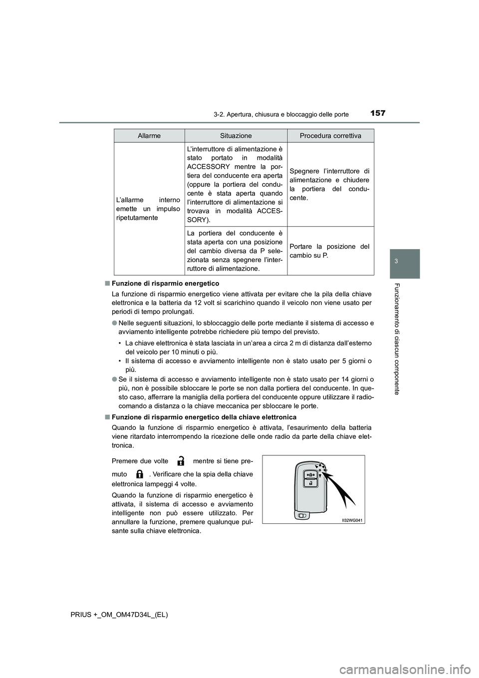 TOYOTA PRIUS PLUS 2019 Manuale duso (in Italian) 1573-2. Apertura, chiusura e bloccaggio delle porte
3
Funzionamento di ciascun componente
PRIUS +_OM_OM47D34L_(EL)■Funzione di risparmio energetico
La funzione di risparmio energetico viene attivata TOYOTA PRIUS PLUS 2019 Manuale duso (in Italian) 1573-2. Apertura, chiusura e bloccaggio delle porte
3
Funzionamento di ciascun componente
PRIUS +_OM_OM47D34L_(EL)■Funzione di risparmio energetico
La funzione di risparmio energetico viene attivata