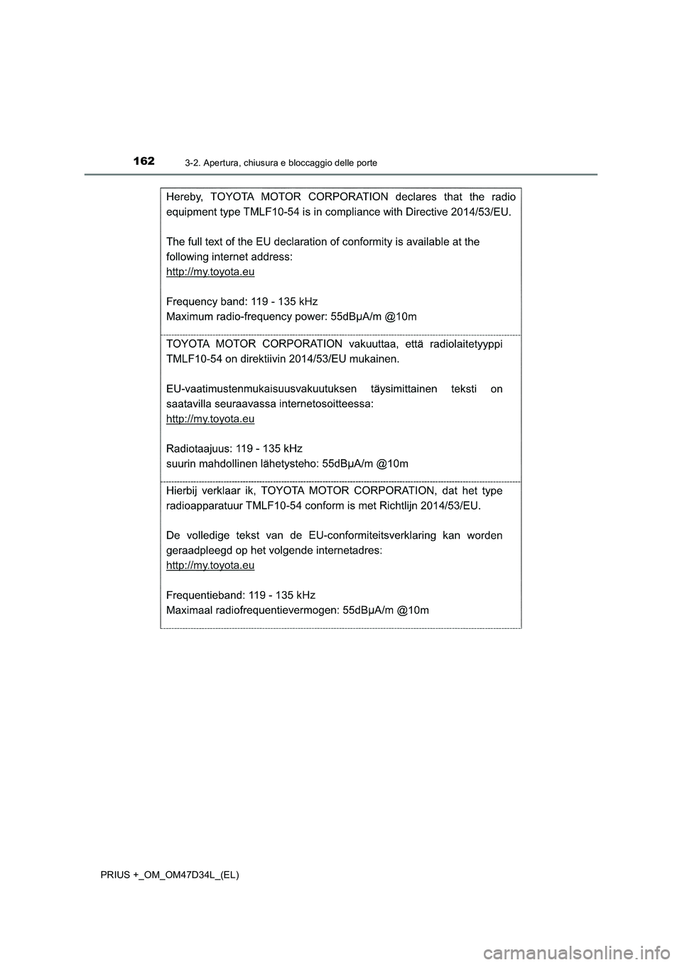TOYOTA PRIUS PLUS 2019 Manuale duso (in Italian) 1623-2. Apertura, chiusura e bloccaggio delle porte
PRIUS +_OM_OM47D34L_(EL) TOYOTA PRIUS PLUS 2019 Manuale duso (in Italian) 1623-2. Apertura, chiusura e bloccaggio delle porte
PRIUS +_OM_OM47D34L_(EL)