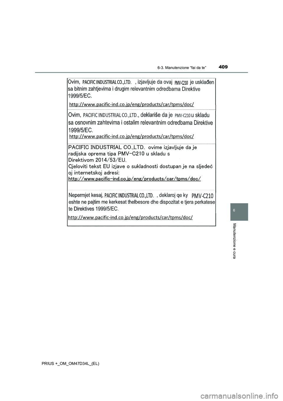TOYOTA PRIUS PLUS 2019  Manuale duso (in Italian) 4096-3. Manutenzione “fai da te”
PRIUS +_OM_OM47D34L_(EL)
6
Manutenzione e cura 