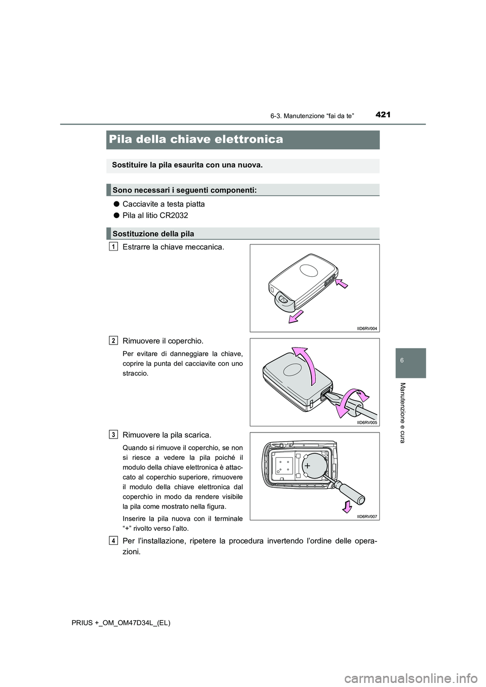 TOYOTA PRIUS PLUS 2019 Manuale duso (in Italian) 4216-3. Manutenzione “fai da te”
PRIUS +_OM_OM47D34L_(EL)
6
Manutenzione e cura
Pila della chiave elettronica
●Cacciavite a testa piatta
●Pila al litio CR2032
Estrarre la chiave meccanica.
Rim TOYOTA PRIUS PLUS 2019 Manuale duso (in Italian) 4216-3. Manutenzione “fai da te”
PRIUS +_OM_OM47D34L_(EL)
6
Manutenzione e cura
Pila della chiave elettronica
●Cacciavite a testa piatta
●Pila al litio CR2032
Estrarre la chiave meccanica.
Rim