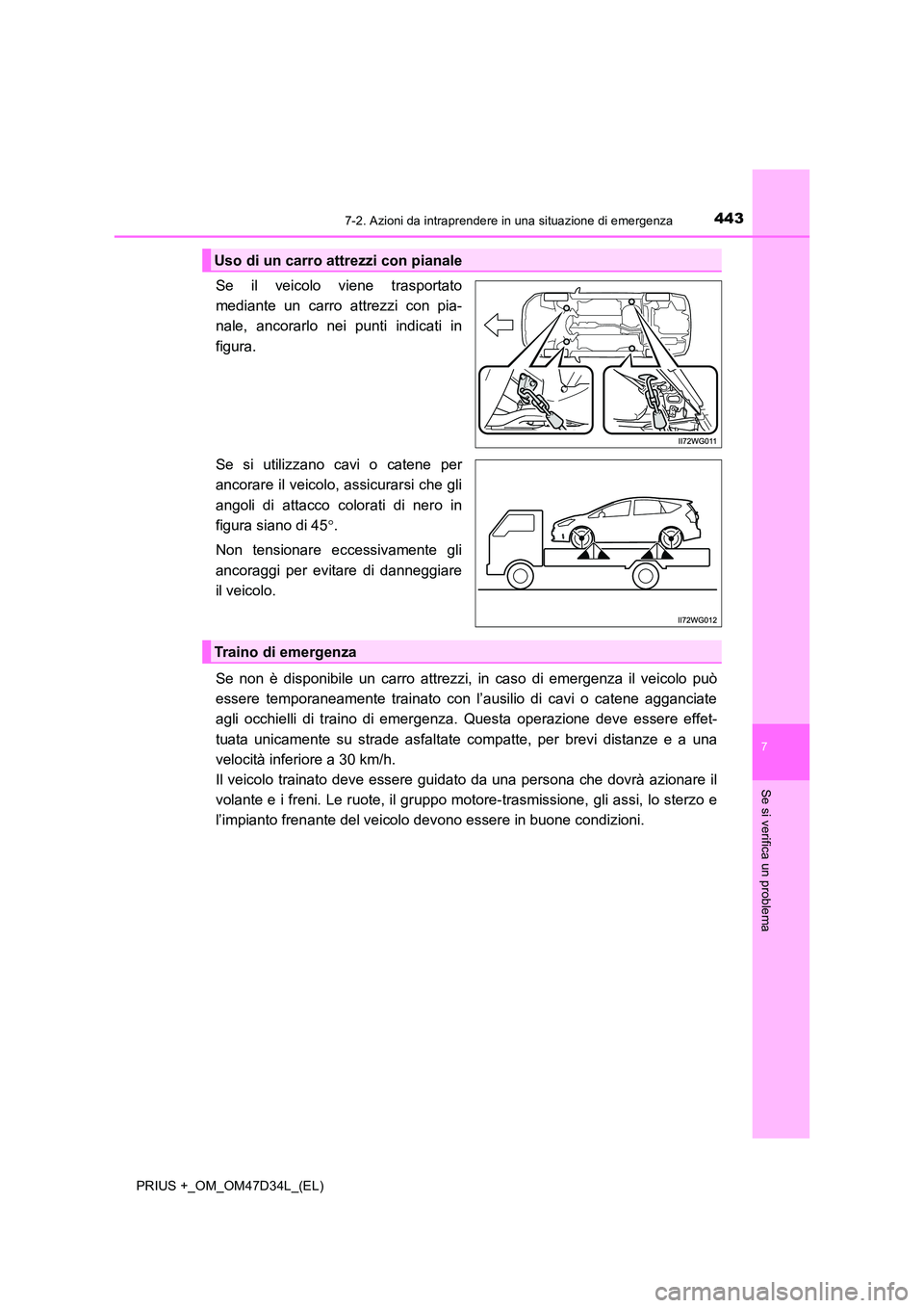 TOYOTA PRIUS PLUS 2019 Manuale duso (in Italian) 4437-2. Azioni da intraprendere in una situazione di emergenza
PRIUS +_OM_OM47D34L_(EL)
7
Se si verifica un problema
Se il veicolo viene trasportato
mediante un carro attrezzi con pia-
nale, ancorarl TOYOTA PRIUS PLUS 2019 Manuale duso (in Italian) 4437-2. Azioni da intraprendere in una situazione di emergenza
PRIUS +_OM_OM47D34L_(EL)
7
Se si verifica un problema
Se il veicolo viene trasportato
mediante un carro attrezzi con pia-
nale, ancorarl