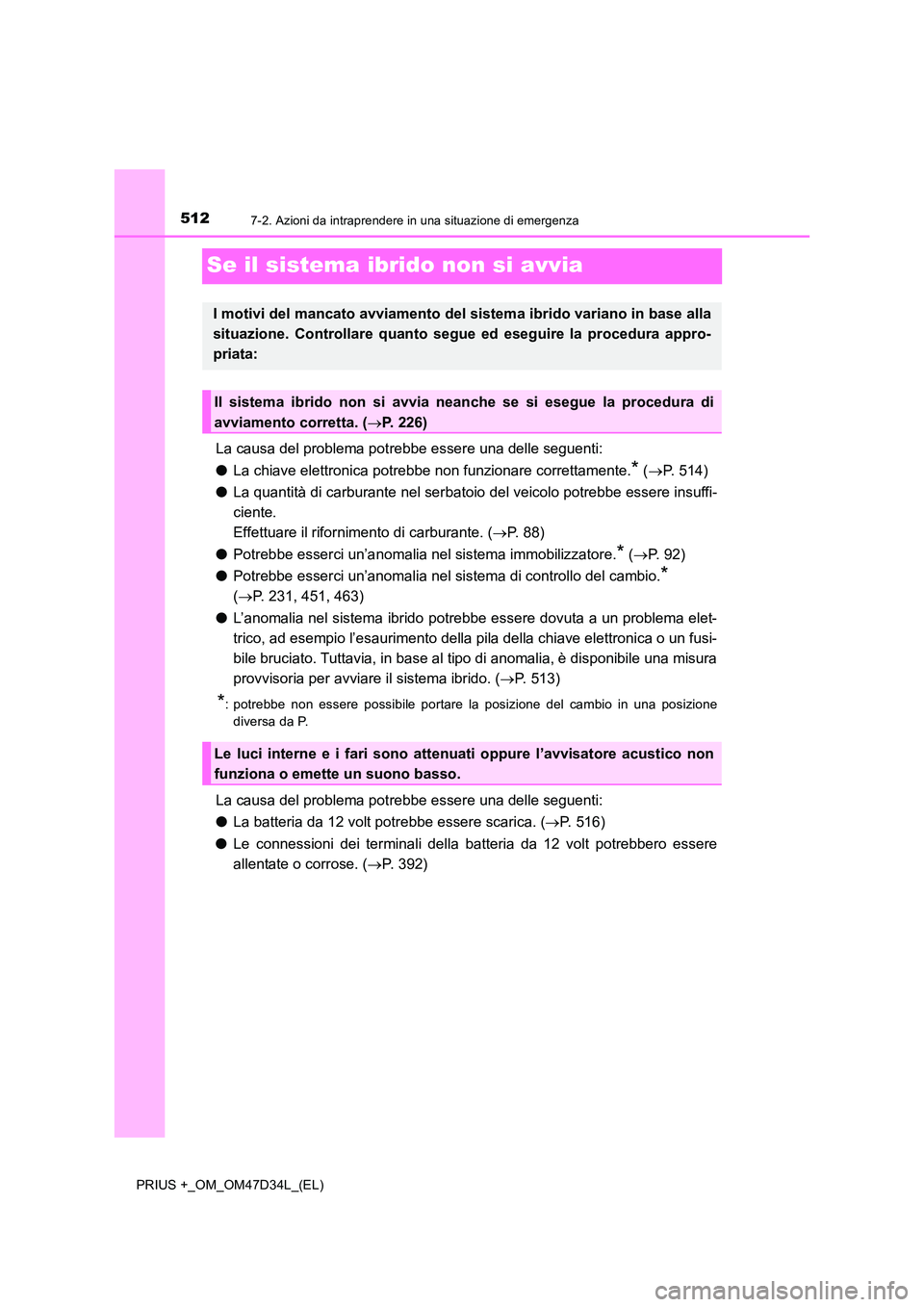 TOYOTA PRIUS PLUS 2019 Manuale duso (in Italian) 5127-2. Azioni da intraprendere in una situazione di emergenza
PRIUS +_OM_OM47D34L_(EL)
Se il sistema ibrido non si avvia
La causa del problema potrebbe essere una delle seguenti:
● La chiave elett TOYOTA PRIUS PLUS 2019 Manuale duso (in Italian) 5127-2. Azioni da intraprendere in una situazione di emergenza
PRIUS +_OM_OM47D34L_(EL)
Se il sistema ibrido non si avvia
La causa del problema potrebbe essere una delle seguenti:
● La chiave elett