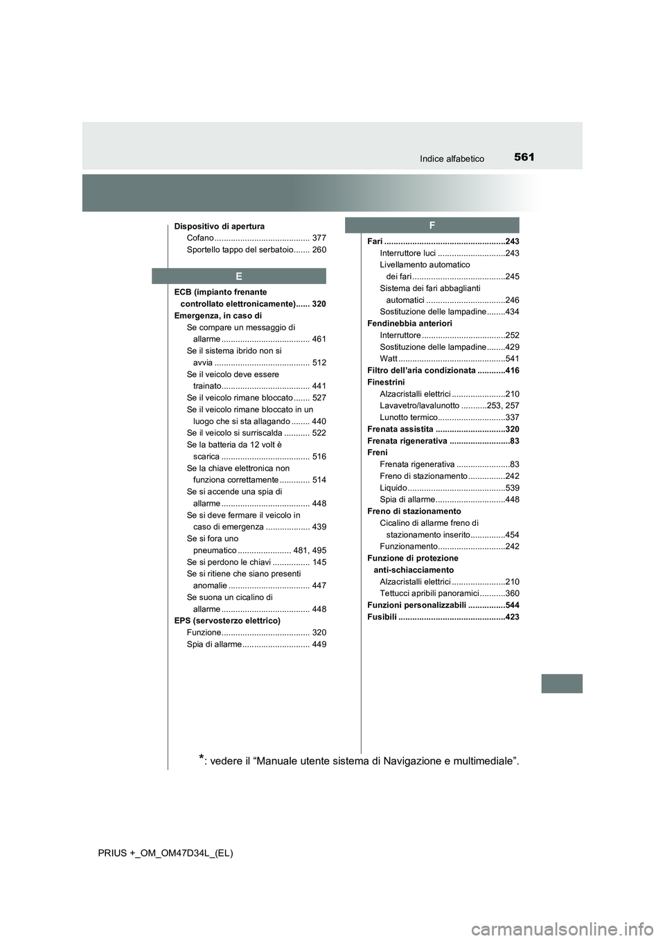 TOYOTA PRIUS PLUS 2019 Manuale duso (in Italian) 561Indice alfabetico
PRIUS +_OM_OM47D34L_(EL)
Dispositivo di apertura
Cofano ......................................... 377
Sportello tappo del serbatoio....... 260
ECB (impianto frenante
controllato TOYOTA PRIUS PLUS 2019 Manuale duso (in Italian) 561Indice alfabetico
PRIUS +_OM_OM47D34L_(EL)
Dispositivo di apertura
Cofano ......................................... 377
Sportello tappo del serbatoio....... 260
ECB (impianto frenante
controllato