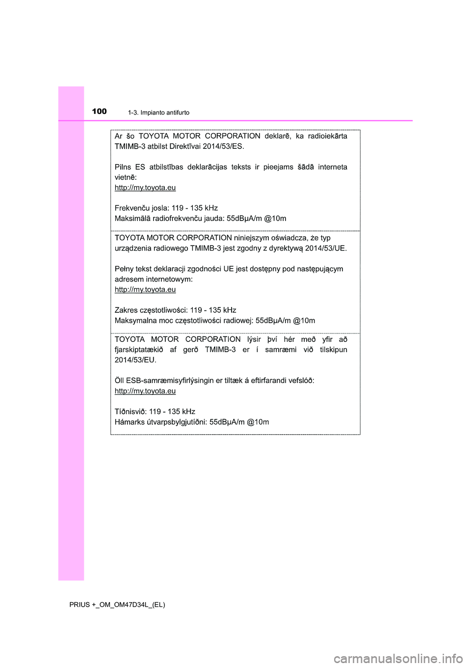 TOYOTA PRIUS PLUS 2019  Manuale duso (in Italian) 1001-3. Impianto antifurto
PRIUS +_OM_OM47D34L_(EL) 