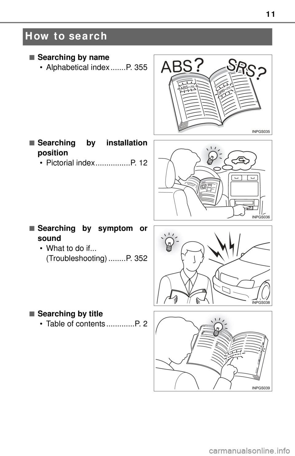 TOYOTA YARIS 2015 3.G User Guide 11
How to search
■Searching by name• Alphabetical index .......P. 355
■Searching by installation
position• Pictorial index ................P. 12
■Searching by symptom or
sound• What to do TOYOTA YARIS 2015 3.G User Guide 11
How to search
■Searching by name• Alphabetical index .......P. 355
■Searching by installation
position• Pictorial index ................P. 12
■Searching by symptom or
sound• What to do