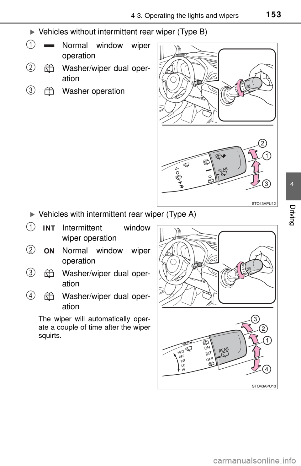 TOYOTA YARIS 2015 3.G User Guide 1534-3. Operating the lights and wipers
4
Driving
Vehicles without intermittent rear wiper (Type B)
Normal window wiper
operation
Washer/wiper dual oper-
ation
Washer operation
Vehicles with int