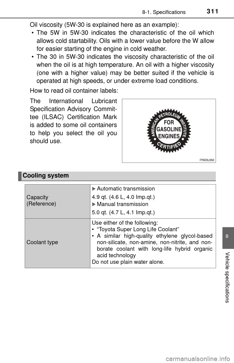 TOYOTA YARIS 2015 3.G Owners Manual 3118-1. Specifications
8
Vehicle specifications
Oil viscosity (5W-30 is explained here as an example): • The 5W in 5W-30 indicates the characteristic of the oil which
allows cold startability. Oils TOYOTA YARIS 2015 3.G Owners Manual 3118-1. Specifications
8
Vehicle specifications
Oil viscosity (5W-30 is explained here as an example): • The 5W in 5W-30 indicates the characteristic of the oil which
allows cold startability. Oils