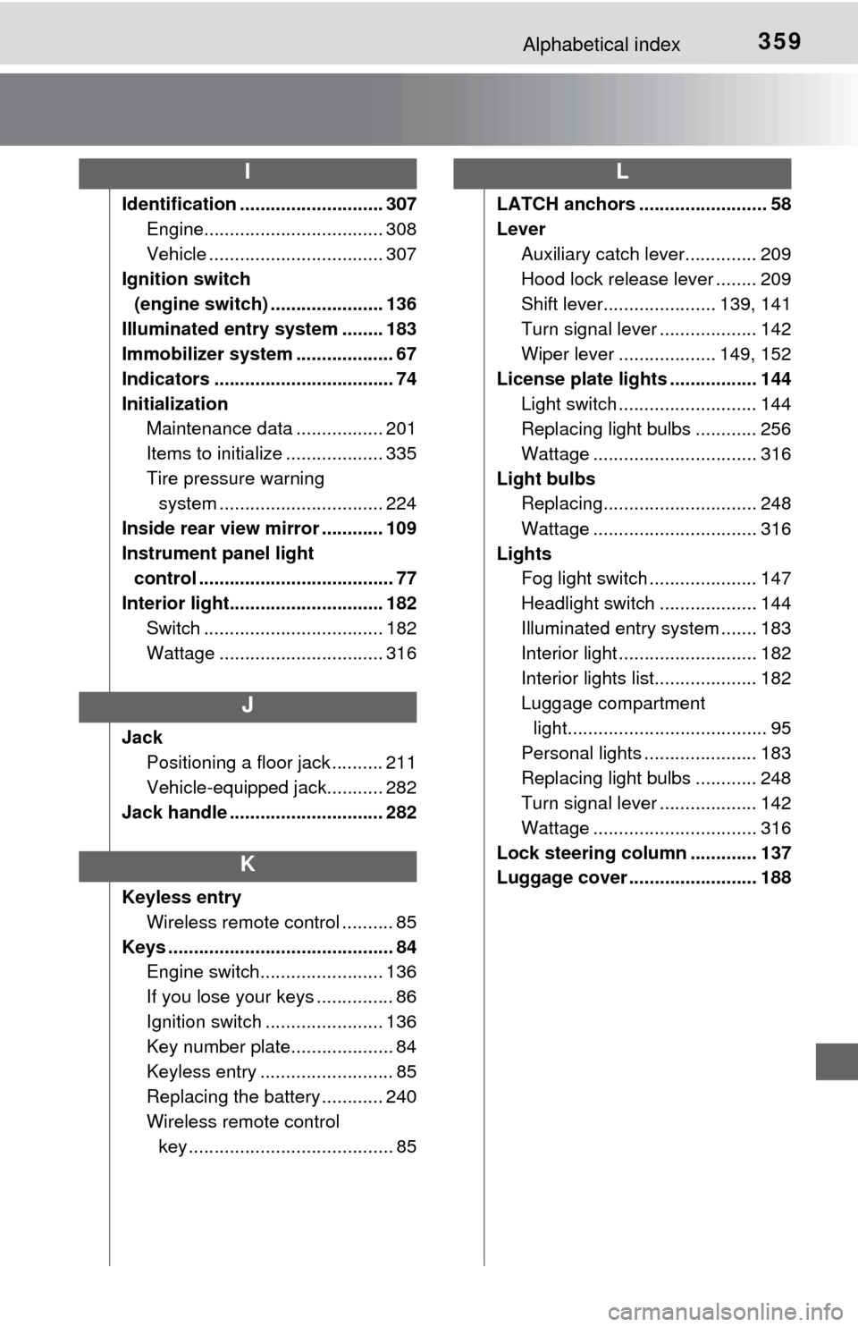 TOYOTA YARIS 2015 3.G Owners Manual 359Alphabetical index
Identification ............................ 307Engine................................... 308
Vehicle .................................. 307
Ignition switch
(engine switch) ......
