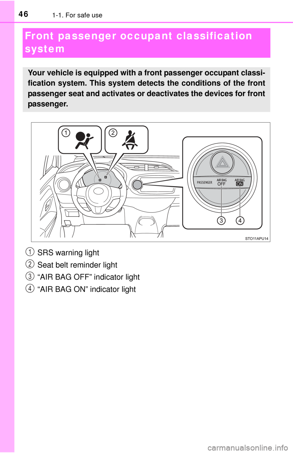 TOYOTA YARIS 2015 3.G Service Manual 461-1. For safe use
Front passenger occupant classification 
system
SRS warning light
Seat belt reminder light
“AIR BAG OFF” indicator light
“AIR BAG ON” indicator light
Your vehicle is equipp