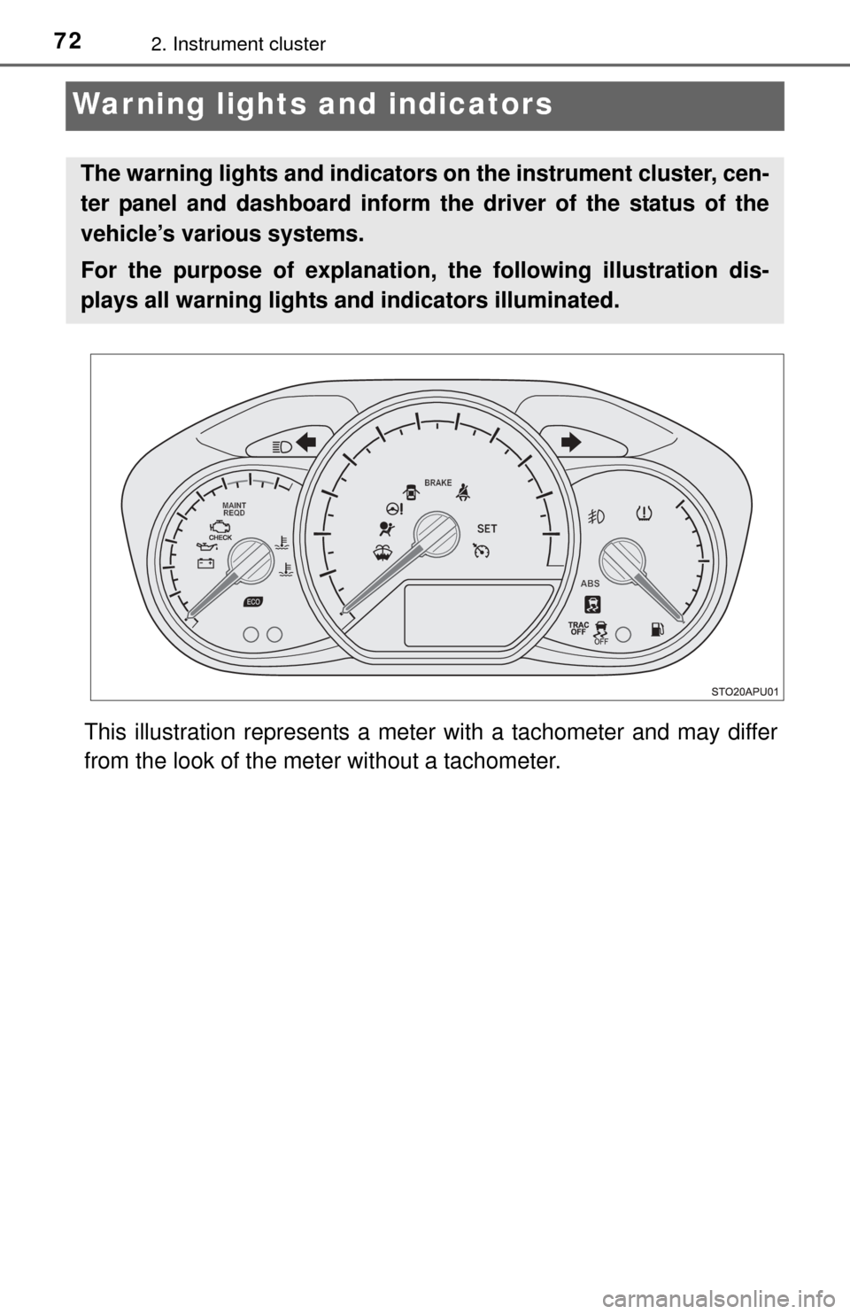 TOYOTA YARIS 2015 3.G Manual PDF 722. Instrument cluster
Warning lights and indicators
This illustration represents a meter with a tachometer and may differ
from the look of the meter without a tachometer.
The warning lights and indi