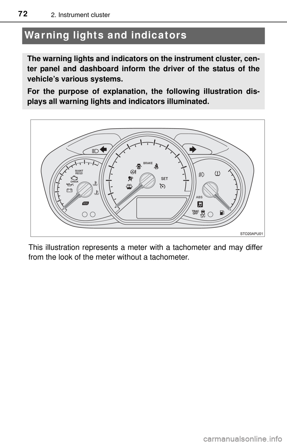 TOYOTA YARIS 2015 3.G Manual PDF 722. Instrument cluster
Warning lights and indicators
This illustration represents a meter with a tachometer and may differ
from the look of the meter without a tachometer.
The warning lights and indi TOYOTA YARIS 2015 3.G Manual PDF 722. Instrument cluster
Warning lights and indicators
This illustration represents a meter with a tachometer and may differ
from the look of the meter without a tachometer.
The warning lights and indi