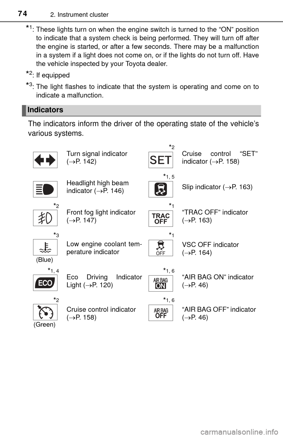 TOYOTA YARIS 2015 3.G Manual PDF 742. Instrument cluster
*1: These lights turn on when the engine switch is turned to the “ON” positionto indicate that a system check is being performed. They will turn off after
the engine is sta