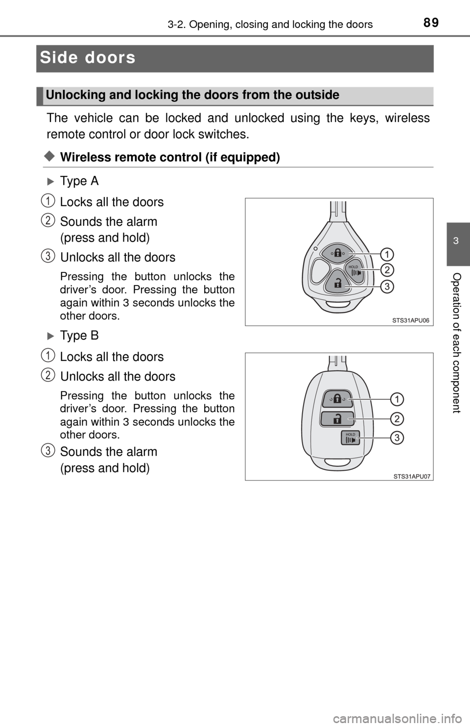 TOYOTA YARIS 2015 3.G Owners Manual 893-2. Opening, closing and locking the doors
3
Operation of each component
Side doors
The vehicle can be locked and unlocked using the keys, wireless
remote control or door lock switches.
◆Wireless