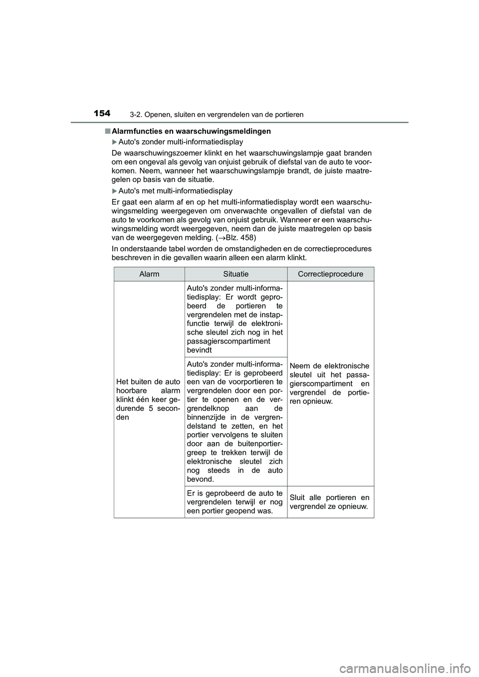 TOYOTA PRIUS PLUS 2019  Instructieboekje (in Dutch) 1543-2. Openen, sluiten en vergrendelen van de portieren
PRIUS +_OM_OM47D30E_(EE)■
Alarmfuncties en waarschuwingsmeldingen
Auto's zonder multi-informatiedisplay
De  waarschuwingszoemer  klink