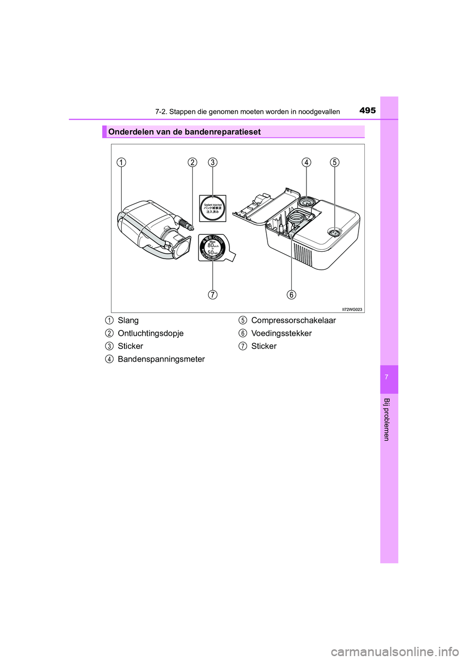 TOYOTA PRIUS PLUS 2019 Instructieboekje (in Dutch) 4957-2. Stappen die genomen moeten worden in noodgevallen
PRIUS +_OM_OM47D30E_(EE)
7
Bij problemen
Onderdelen van de bandenreparatieset
Slang
Ontluchtingsdopje
Sticker
Bandenspanningsmeter Compressors TOYOTA PRIUS PLUS 2019 Instructieboekje (in Dutch) 4957-2. Stappen die genomen moeten worden in noodgevallen
PRIUS +_OM_OM47D30E_(EE)
7
Bij problemen
Onderdelen van de bandenreparatieset
Slang
Ontluchtingsdopje
Sticker
Bandenspanningsmeter Compressors