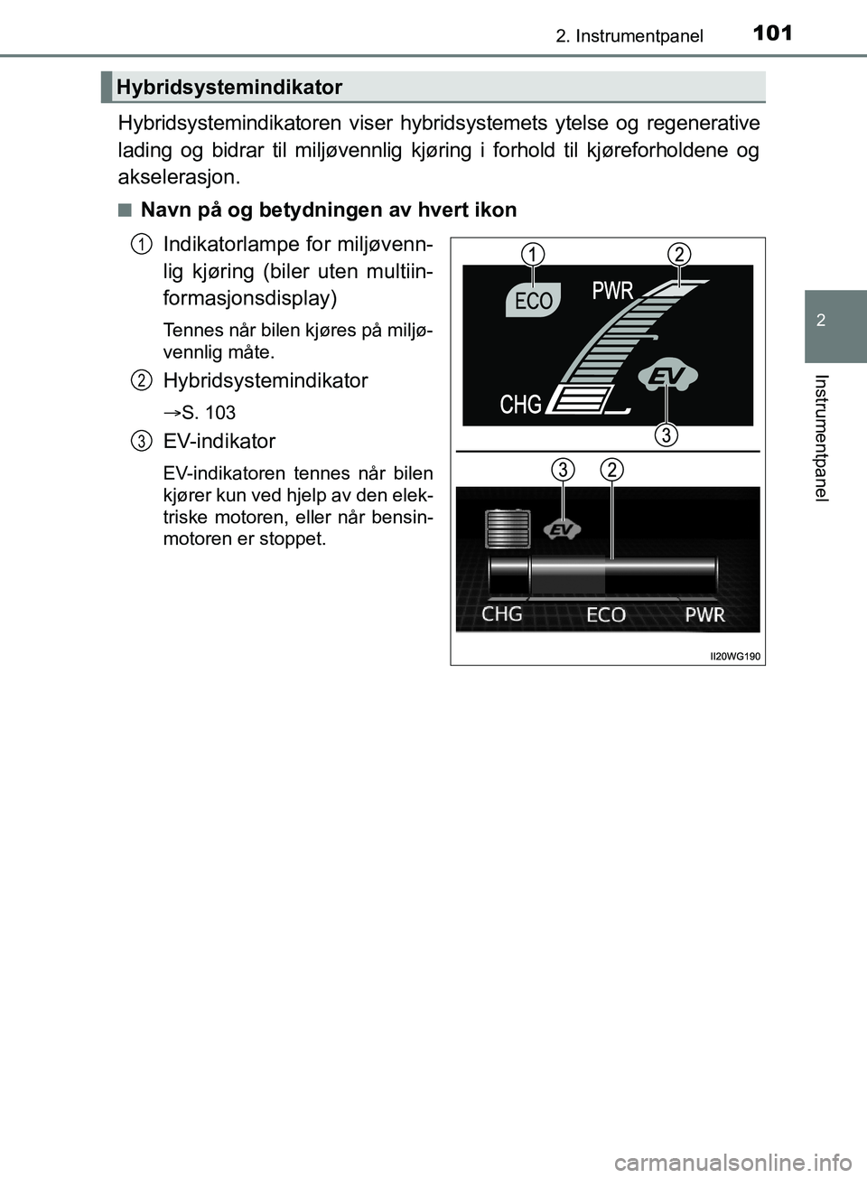 TOYOTA PRIUS PLUS 2019 Instruksjoner for bruk (in Norwegian) 1012. Instrumentpanel
2
Instrumentpanel
OM47D30NO
Hybridsystemindikatoren viser hybridsystemets ytelse og regenerative
lading og bidrar til miljøvennlig kjør ing i forhold til kjøreforholdene og
ak TOYOTA PRIUS PLUS 2019 Instruksjoner for bruk (in Norwegian) 1012. Instrumentpanel
2
Instrumentpanel
OM47D30NO
Hybridsystemindikatoren viser hybridsystemets ytelse og regenerative
lading og bidrar til miljøvennlig kjør ing i forhold til kjøreforholdene og
ak