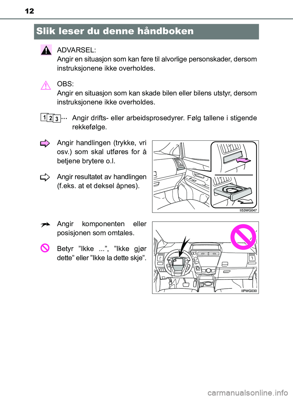 TOYOTA PRIUS PLUS 2019 Instruksjoner for bruk (in Norwegian) 12
OM47D30NO
Slik leser du denne håndboken
ADVARSEL:
Angir en situasjon som kan føre til alvorlige personskader, dersom
instruksjonene ikke overholdes.
OBS:
Angir en situasjon som kan skade bilen TOYOTA PRIUS PLUS 2019 Instruksjoner for bruk (in Norwegian) 12
OM47D30NO
Slik leser du denne håndboken
ADVARSEL:
Angir en situasjon som kan føre til alvorlige personskader, dersom
instruksjonene ikke overholdes.
OBS:
Angir en situasjon som kan skade bilen