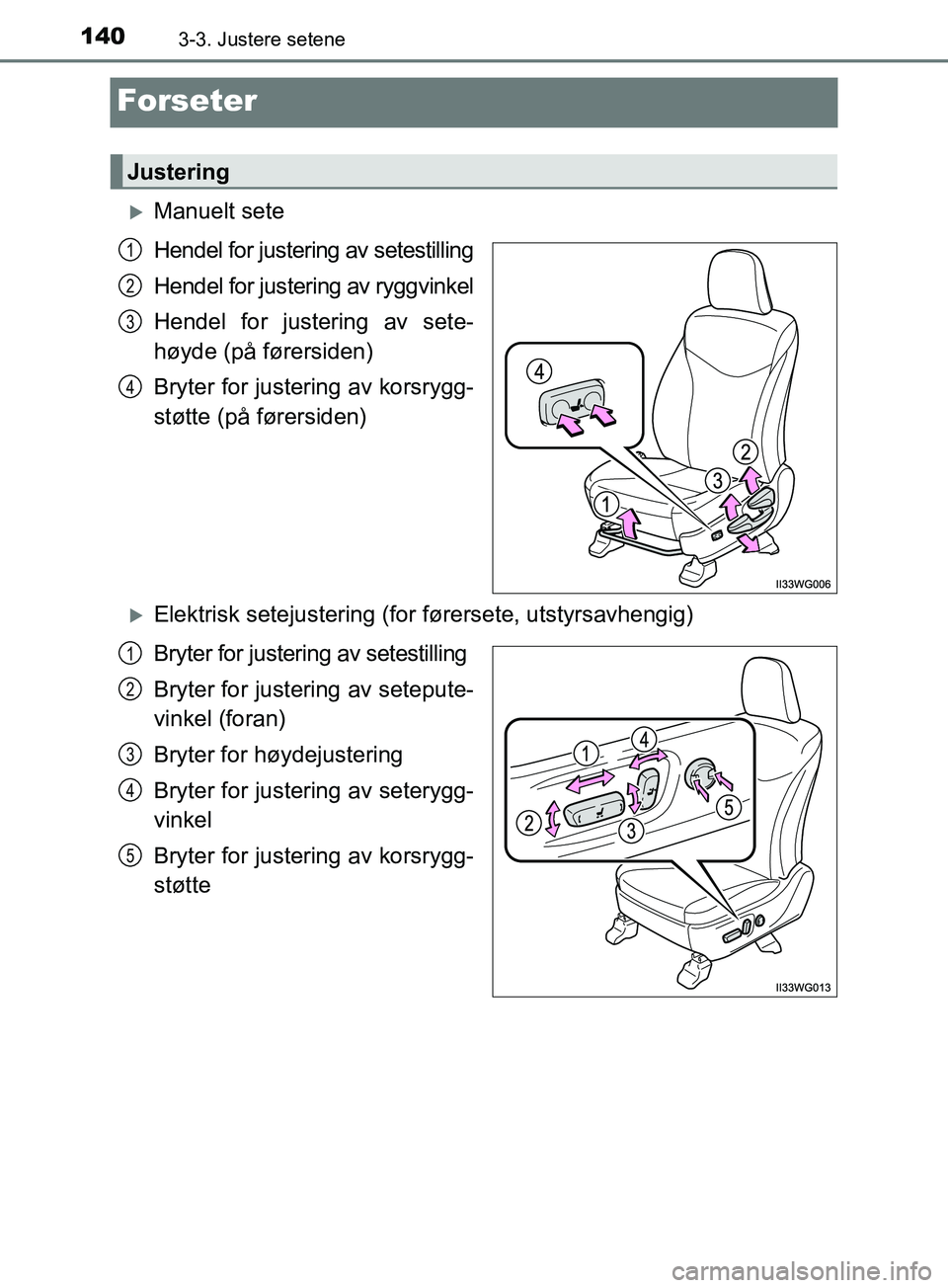 TOYOTA PRIUS PLUS 2019 Instruksjoner for bruk (in Norwegian) 1403-3. Justere setene
OM47D30NO
Forseter
Manuelt sete
Hendel for justering av setestilling
Hendel for justering av ryggvinkel
Hendel for justering av sete-
høyde (på førersiden)
Bryter for just TOYOTA PRIUS PLUS 2019 Instruksjoner for bruk (in Norwegian) 1403-3. Justere setene
OM47D30NO
Forseter
Manuelt sete
Hendel for justering av setestilling
Hendel for justering av ryggvinkel
Hendel for justering av sete-
høyde (på førersiden)
Bryter for just