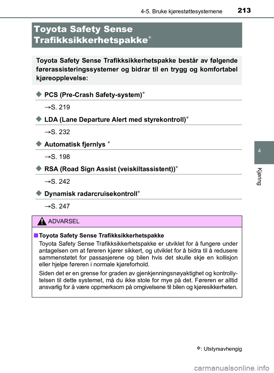TOYOTA PRIUS PLUS 2019 Instruksjoner for bruk (in Norwegian) 213
4
4-5. Bruke kjørestøttesystemene
Kjøring
OM47D30NO
Toyota Safety Sense
Trafikksikkerhetspakke

uPCS (Pre-Crash Safety-system)
ï‚®S. 219
uLDA (Lane Departure Al ert med styrekontroll) TOYOTA PRIUS PLUS 2019 Instruksjoner for bruk (in Norwegian) 213
4
4-5. Bruke kjørestøttesystemene
Kjøring
OM47D30NO
Toyota Safety Sense
Trafikksikkerhetspakke

uPCS (Pre-Crash Safety-system)
ï‚®S. 219
uLDA (Lane Departure Al ert med styrekontroll)