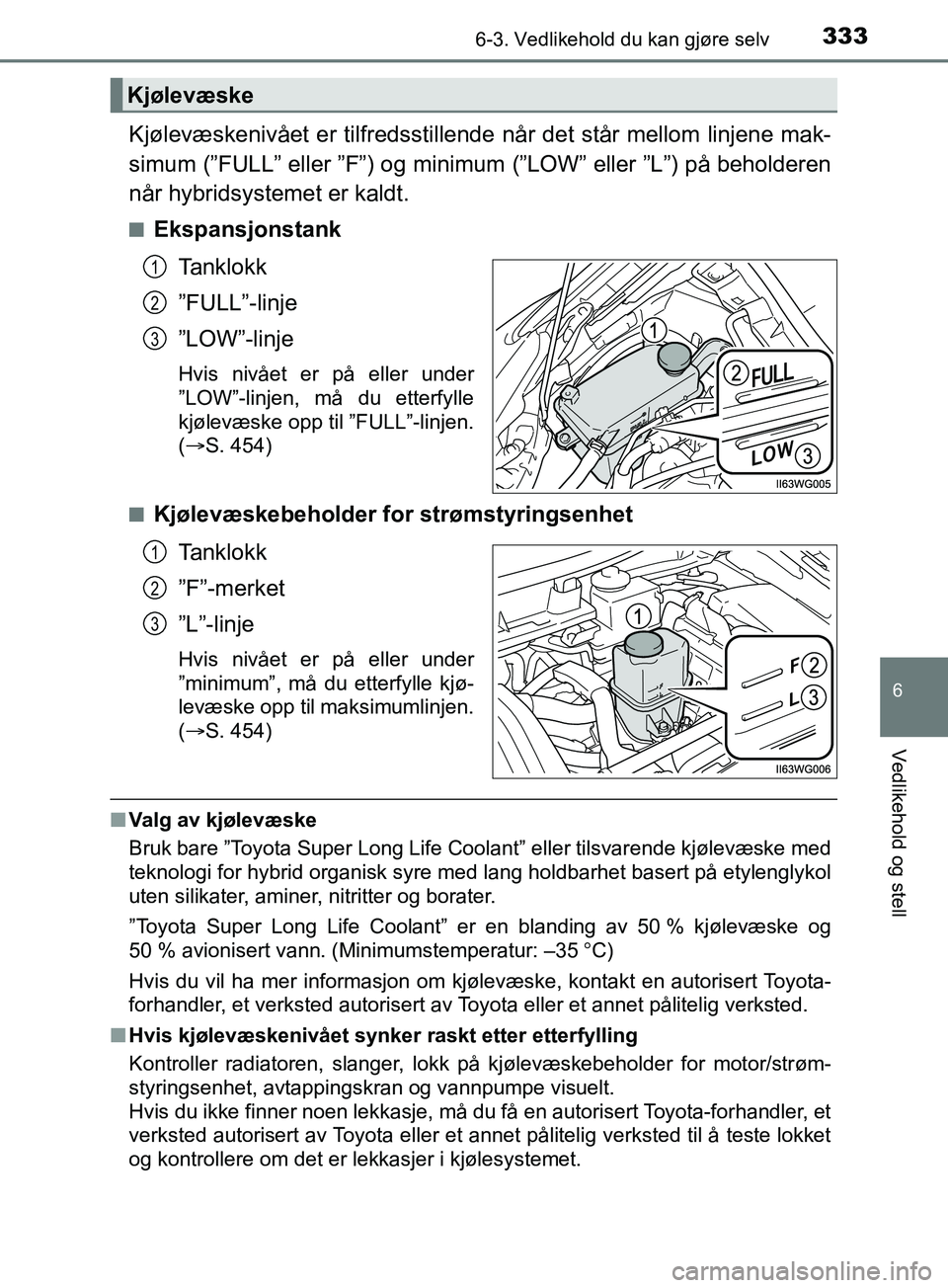 TOYOTA PRIUS PLUS 2019 Instruksjoner for bruk (in Norwegian) 3336-3. Vedlikehold du kan gjøre selv
OM47D30NO
6
Vedlikehold og stell
Kjølevæskenivået er tilfredsstillende når det står mellom linjene mak-
simum (”FULL” eller ”F”) og minimum (”LOW TOYOTA PRIUS PLUS 2019 Instruksjoner for bruk (in Norwegian) 3336-3. Vedlikehold du kan gjøre selv
OM47D30NO
6
Vedlikehold og stell
Kjølevæskenivået er tilfredsstillende når det står mellom linjene mak-
simum (”FULL” eller ”F”) og minimum (”LOW