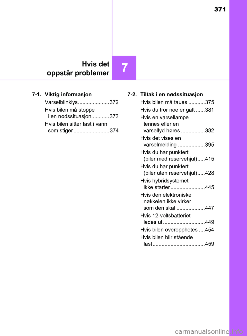 TOYOTA PRIUS PLUS 2019 Instruksjoner for bruk (in Norwegian) 371
7Hvis det
oppstår problemer
OM47D30NO 7-1. Viktig informasjon
Varselblinklys..................... 372
Hvis bilen må stoppe i en nødssituasjon............ 373
Hvis bilen sitter fast i vann som TOYOTA PRIUS PLUS 2019 Instruksjoner for bruk (in Norwegian) 371
7Hvis det
oppstår problemer
OM47D30NO 7-1. Viktig informasjon
Varselblinklys..................... 372
Hvis bilen må stoppe i en nødssituasjon............ 373
Hvis bilen sitter fast i vann som