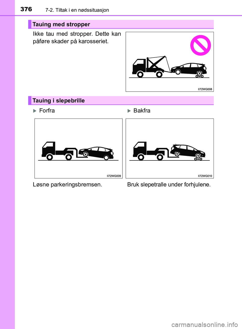 TOYOTA PRIUS PLUS 2019 Instruksjoner for bruk (in Norwegian) 3767-2. Tiltak i en nødssituasjon
OM47D30NO
Ikke tau med stropper. Dette kan
påføre skader på karosseriet.
Tauing med stropper
Tauing i slepebrille
ForfraBakfra
Løsne parkeringsbremsen. Bru TOYOTA PRIUS PLUS 2019 Instruksjoner for bruk (in Norwegian) 3767-2. Tiltak i en nødssituasjon
OM47D30NO
Ikke tau med stropper. Dette kan
påføre skader på karosseriet.
Tauing med stropper
Tauing i slepebrille
ForfraBakfra
Løsne parkeringsbremsen. Bru