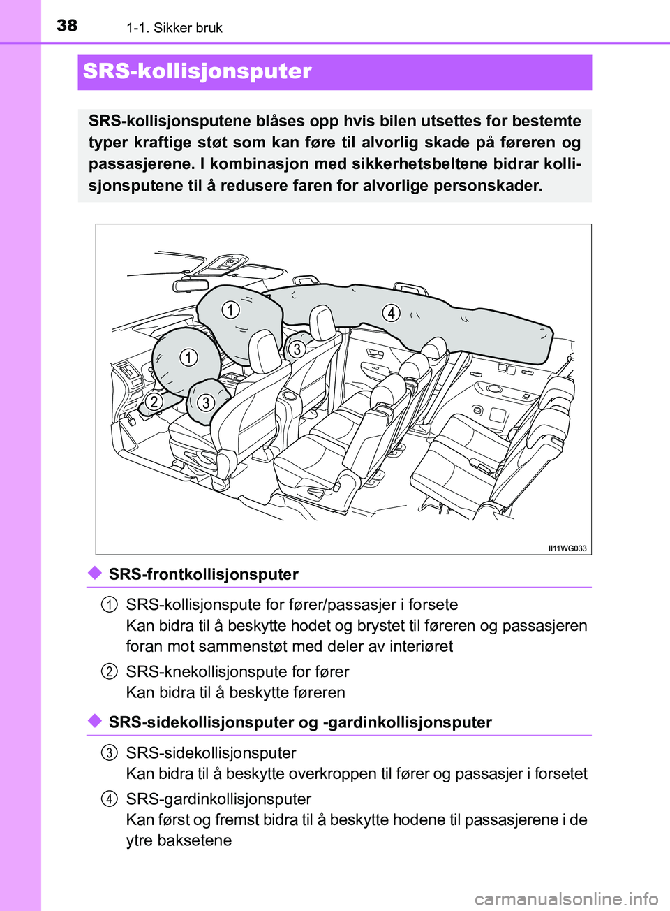 TOYOTA PRIUS PLUS 2019 Instruksjoner for bruk (in Norwegian) 381-1. Sikker bruk
OM47D30NO
SRS-kollisjonsputer
uSRS-frontkollisjonsputerSRS-kollisjonspute for fører/passasjer i forsete
Kan bidra til å beskytte hodet og brystet til føreren og passasjeren
foran TOYOTA PRIUS PLUS 2019 Instruksjoner for bruk (in Norwegian) 381-1. Sikker bruk
OM47D30NO
SRS-kollisjonsputer
uSRS-frontkollisjonsputerSRS-kollisjonspute for fører/passasjer i forsete
Kan bidra til å beskytte hodet og brystet til føreren og passasjeren
foran