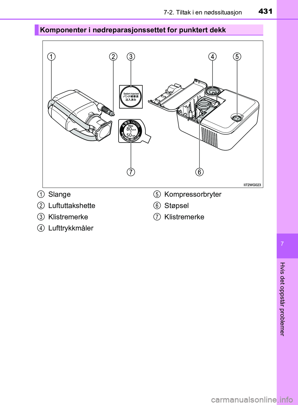 TOYOTA PRIUS PLUS 2019 Instruksjoner for bruk (in Norwegian) 4317-2. Tiltak i en nødssituasjon
OM47D30NO
7
Hvis det oppstår problemer
Komponenter i nødreparasjonssettet for punktert dekk
Slange
Luftuttakshette
Klistremerke
LufttrykkmålerKompressorbryter
Stà TOYOTA PRIUS PLUS 2019 Instruksjoner for bruk (in Norwegian) 4317-2. Tiltak i en nødssituasjon
OM47D30NO
7
Hvis det oppstår problemer
Komponenter i nødreparasjonssettet for punktert dekk
Slange
Luftuttakshette
Klistremerke
LufttrykkmålerKompressorbryter
StÃ