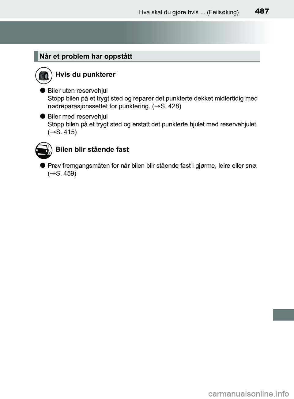 TOYOTA PRIUS PLUS 2019 Instruksjoner for bruk (in Norwegian) 487Hva skal du gjøre hvis ... (Feilsøking)
OM47D30NO
lBiler uten reservehjul
Stopp bilen på et trygt sted og reparer det punkterte dekket midlertidig med
nødreparasjonssettet for punktering. (S TOYOTA PRIUS PLUS 2019 Instruksjoner for bruk (in Norwegian) 487Hva skal du gjøre hvis ... (Feilsøking)
OM47D30NO
lBiler uten reservehjul
Stopp bilen på et trygt sted og reparer det punkterte dekket midlertidig med
nødreparasjonssettet for punktering. (S