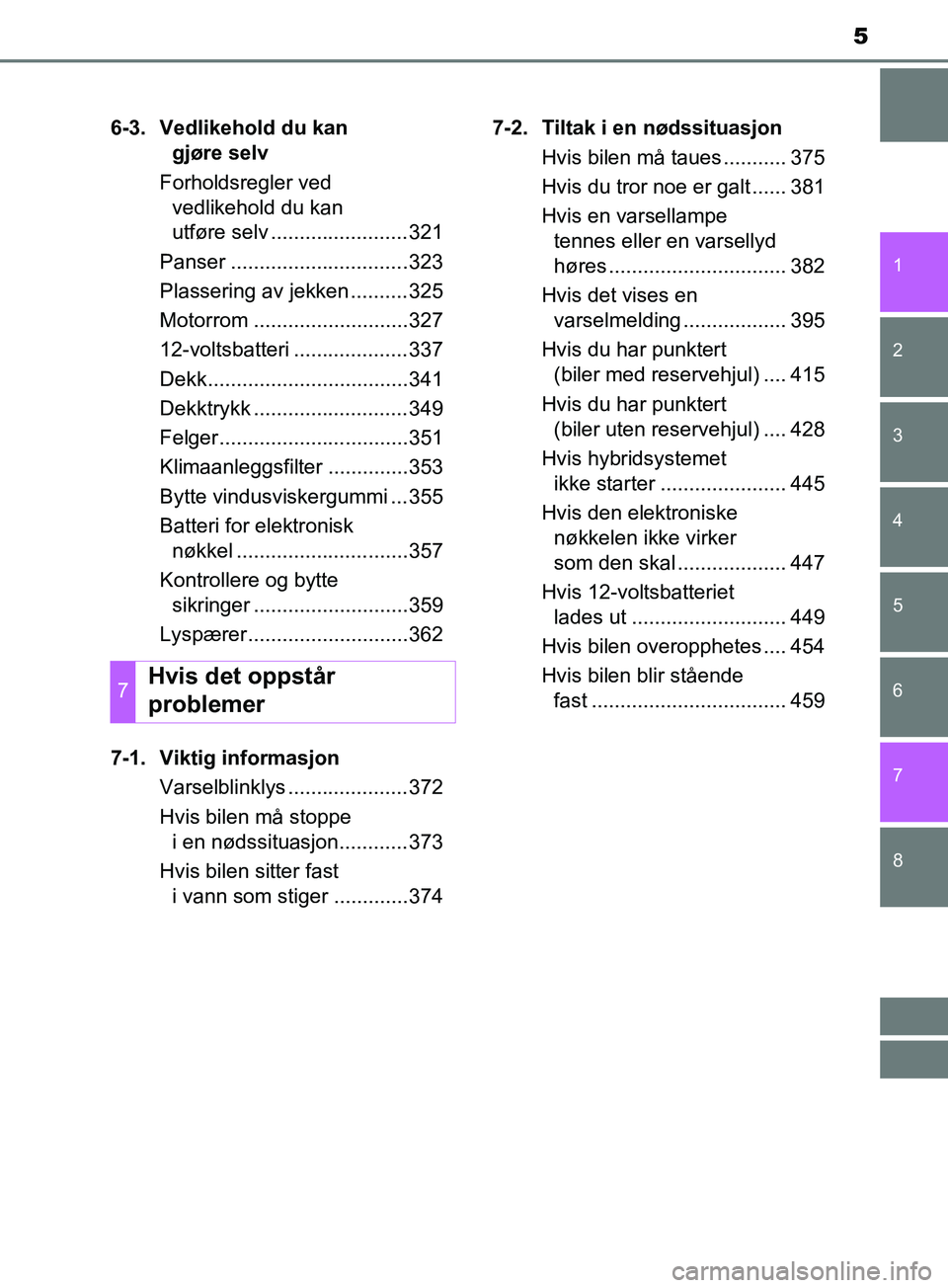 TOYOTA PRIUS PLUS 2019  Instruksjoner for bruk (in Norwegian) 5
1
8 7
6
5
4
3
2
OM47D30NO6-3. Vedlikehold du kan 
gjøre selv
Forholdsregler ved  vedlikehold du kan 
utføre selv ........................321
Panser ...............................323
Plassering av