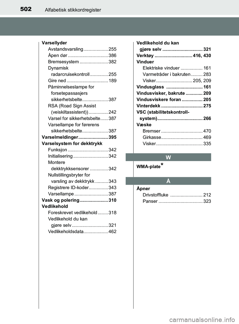 TOYOTA PRIUS PLUS 2019 Instruksjoner for bruk (in Norwegian) 502Alfabetisk stikkordregister
OM47D30NO
Varsellyder
Avstandsvarsling ................... 255
Åpen dør ............................... 386
Bremsesystem ...................... 382
Dynamisk
radarcrui TOYOTA PRIUS PLUS 2019 Instruksjoner for bruk (in Norwegian) 502Alfabetisk stikkordregister
OM47D30NO
Varsellyder
Avstandsvarsling ................... 255
Åpen dør ............................... 386
Bremsesystem ...................... 382
Dynamisk
radarcrui