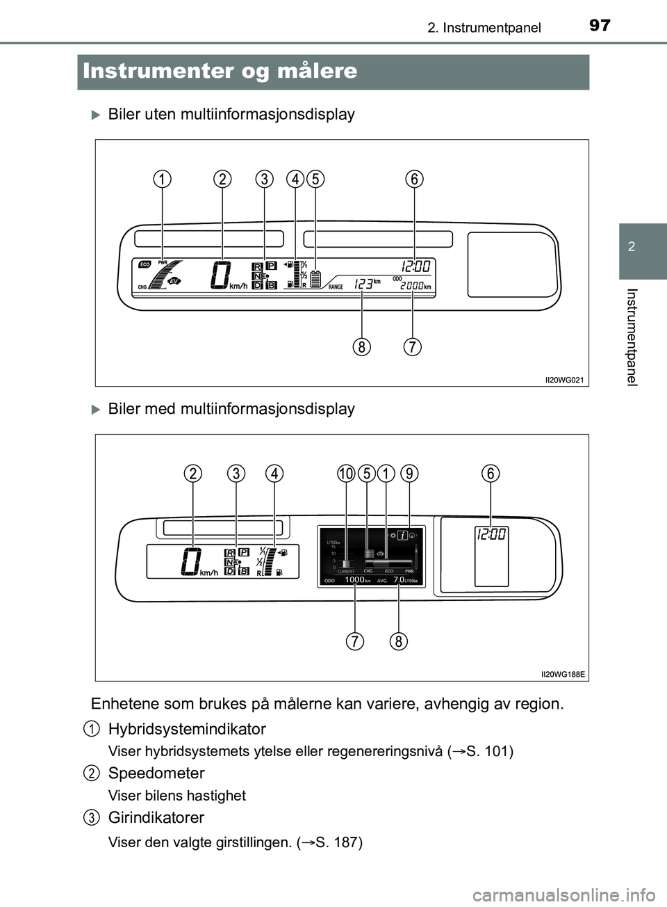 TOYOTA PRIUS PLUS 2019 Instruksjoner for bruk (in Norwegian) 97
2
2. Instrumentpanel
Instrumentpanel
OM47D30NO
Instrumenter og målere
Biler uten multiinformasjonsdisplay
Biler med multiinformasjonsdisplay
Enhetene som brukes på målerne kan variere, avh TOYOTA PRIUS PLUS 2019 Instruksjoner for bruk (in Norwegian) 97
2
2. Instrumentpanel
Instrumentpanel
OM47D30NO
Instrumenter og målere
Biler uten multiinformasjonsdisplay
Biler med multiinformasjonsdisplay
Enhetene som brukes på målerne kan variere, avh