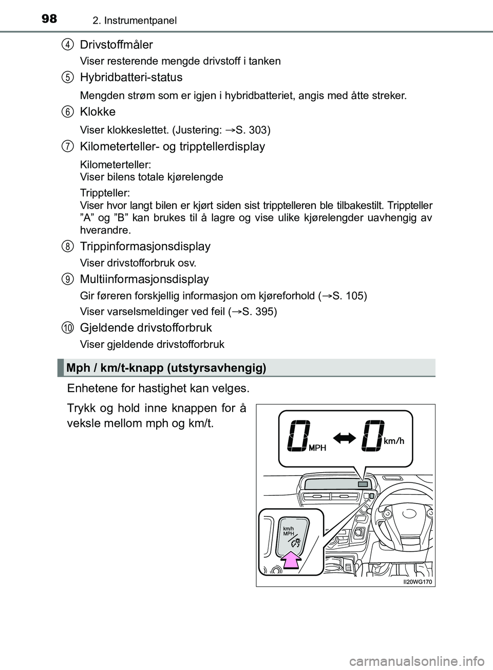 TOYOTA PRIUS PLUS 2019 Instruksjoner for bruk (in Norwegian) 982. Instrumentpanel
OM47D30NO
Drivstoffmåler
Viser resterende mengde drivstoff i tanken
Hybridbatteri-status
Mengden strøm som er igjen i hybridbatteriet, angis med åtte streker.
Klokke
Viser klok TOYOTA PRIUS PLUS 2019 Instruksjoner for bruk (in Norwegian) 982. Instrumentpanel
OM47D30NO
Drivstoffmåler
Viser resterende mengde drivstoff i tanken
Hybridbatteri-status
Mengden strøm som er igjen i hybridbatteriet, angis med åtte streker.
Klokke
Viser klok